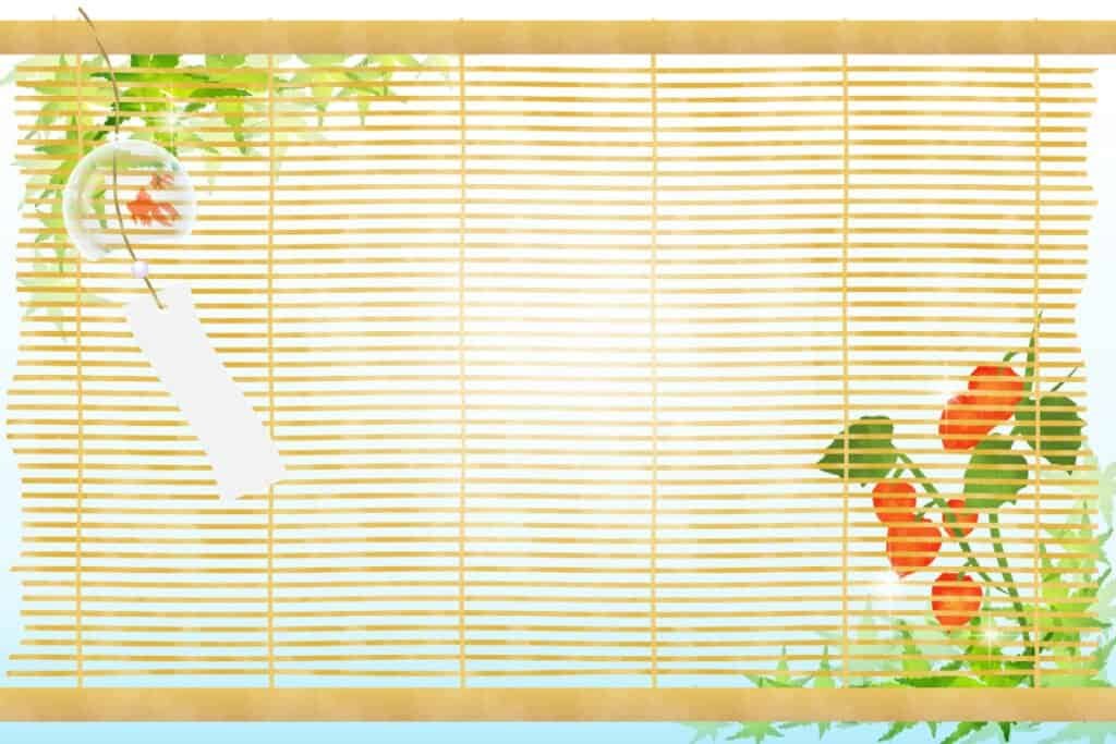 Watercolour image of bamboo blinds hanging in front of window.