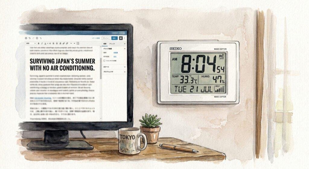 Watercolor image of digital clock showing 33.3 degrees C and 47% humidity, next to computer monitor with blog post draft titled Surviving Japan's Summer With no Air Conditioning.