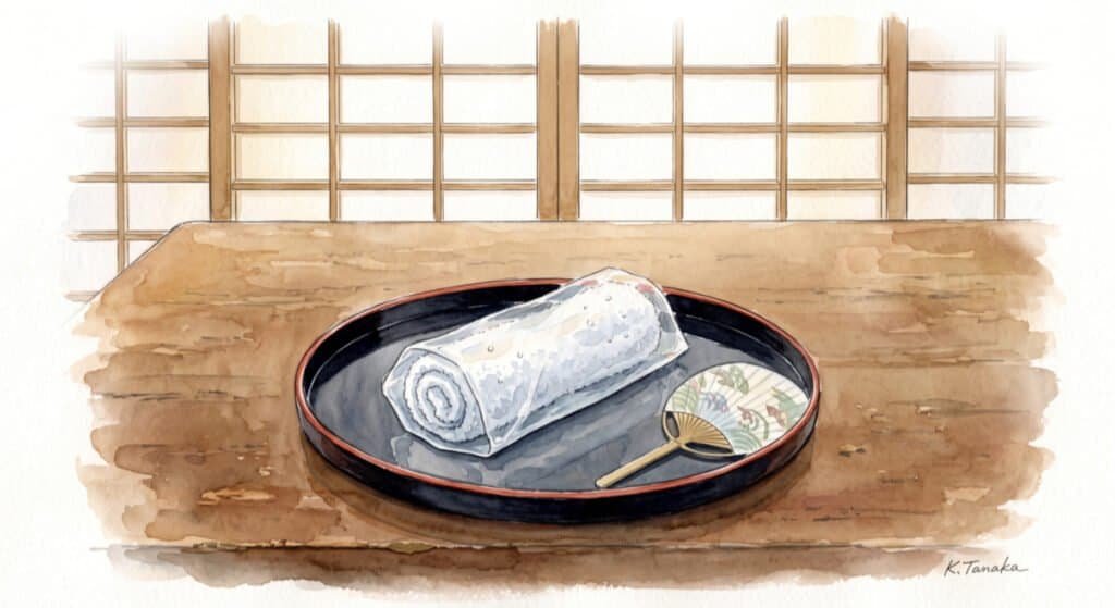 A cold damp facecloth wrapped in a clear waterproof bag on a desk in a Japanese room, in watercolour style.