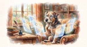 Watercolour image of a terrier wearing spectacles and sitting up in an armchair reviewing 5 floating AI documents.