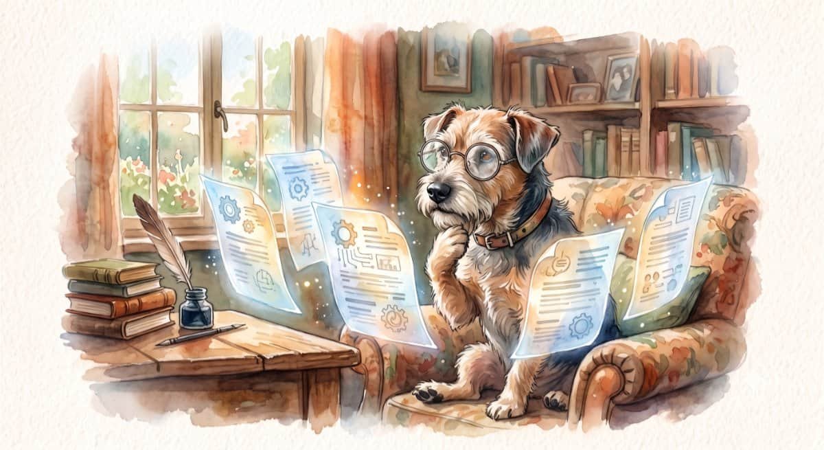 Watercolour image of a terrier wearing spectacles and sitting up in an armchair reviewing 5 floating AI documents.