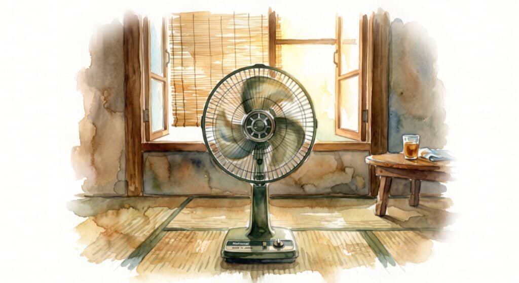 Watercolour of an electric fan blowing in an old Japanese tatami room in summer.