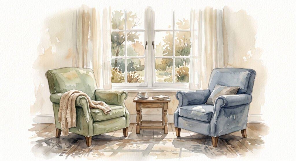 A watercolor painting of two comfortable armchairs placed side-by-side by a large window. One chair has a light knitted cardigan draped over the arm.
