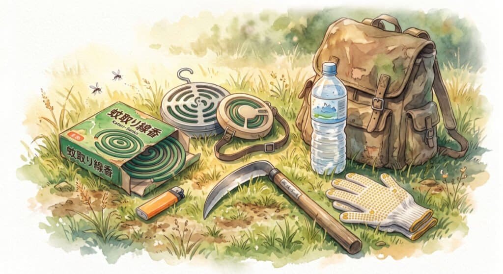 Japanese Katori-Senkos, lighter, kama, backpack, gloves and bottle of water in watercolour.