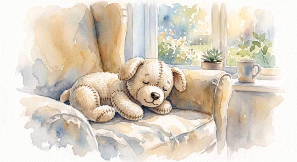 A watercolour painting of a small, well-loved plush dog resting gently on a sunlit armchair.