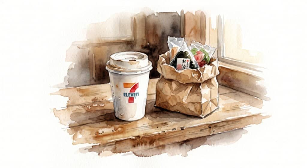 Watercolor sketch of a 7-Eleven hot coffee cup and a small, partially opened brown paper bag of groceries.