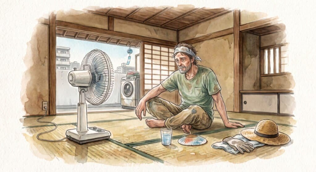 Middle-aged farmer trying to cool down in front of electric fan in tatami room of Japanese home, after working outside in the summer heat.