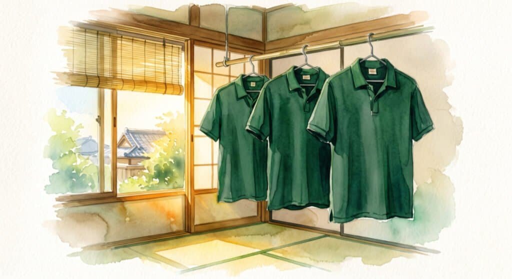 Watercolour of three similar green polo shirts hanging as clean laundry in a traditional Japanese room in the hot summer.