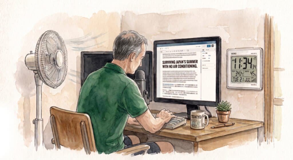Watercolor of upright fan positioned close to man sitting at computer desk in room without air conditioning.