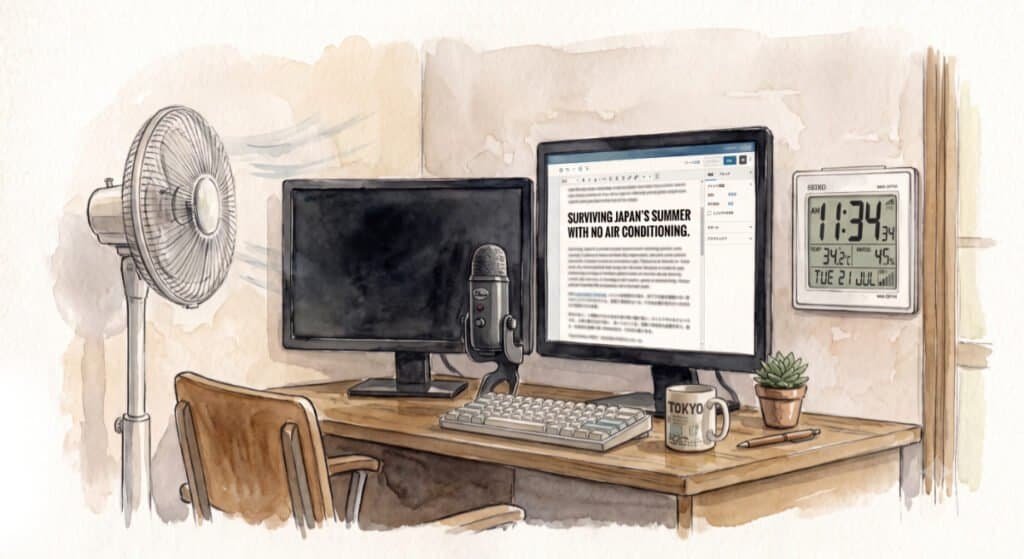 Watercolor of upright fan next to computer desk and chair at face height.
