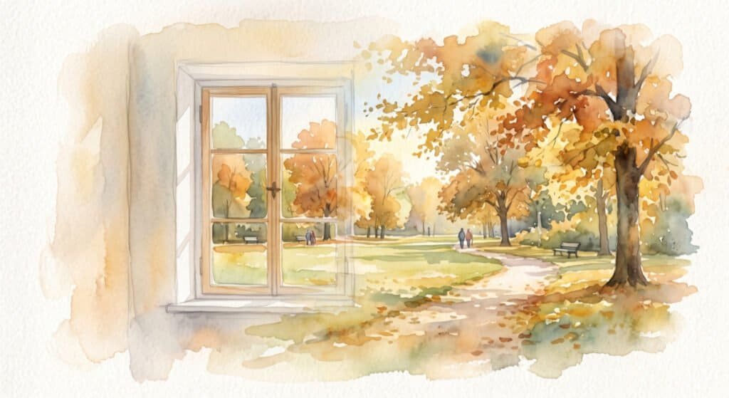 A watercolor painting of a window view that gently dissolves and bleeds into a sun-dappled, peaceful park.