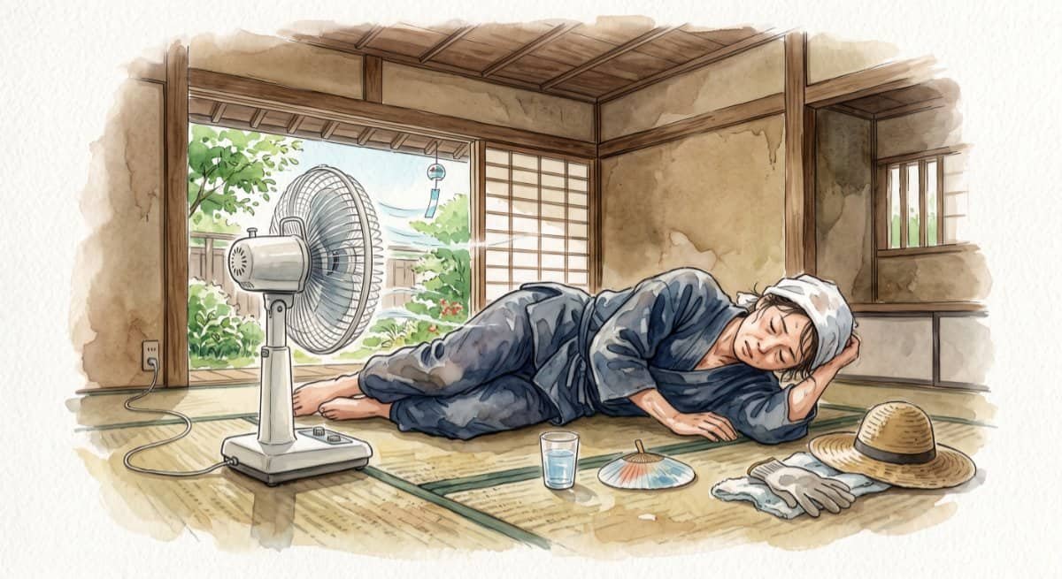 Japanese female farmer resting and trying to cool down in front of a fan in a home without air conditioning.