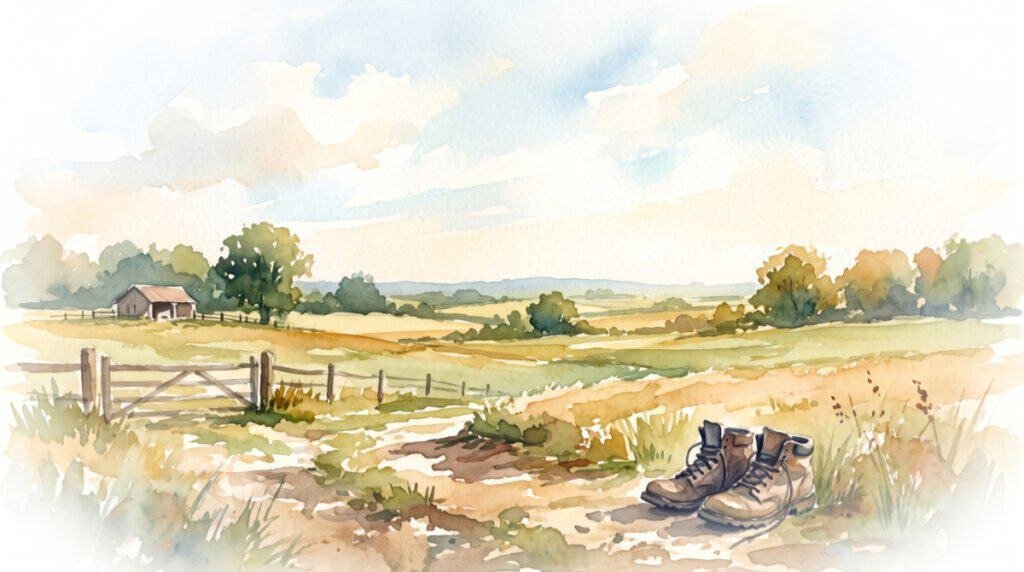 Watercolor of an expansive, airy landscape with rolling fields and distant hills, with a pair of worn walking boots resting near a dirt path—suggesting a calm day and something to look forward to.
