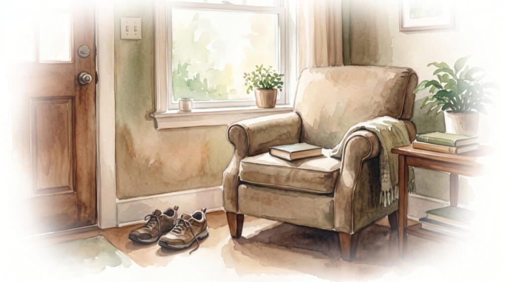 Watercolor of a cozy armchair with book, and walking shoes nearby – depicting having time to yourself and something to look forward to.