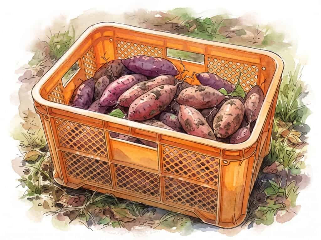 Watercolor of crate of freshly dug sweet potatoes