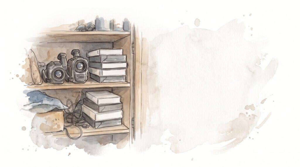 Watercolor illustration of two older video cameras and tapes sitting unused on a wooden shelf.