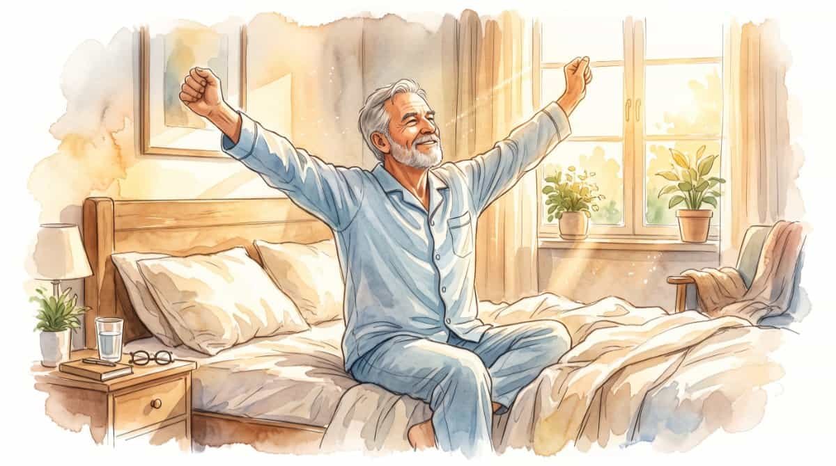 Watercolor image of an older man waking up refreshed and stretching out his arms with a satisfied smile.