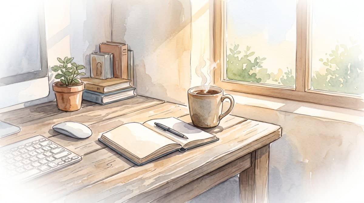 Watercolor illustration of a steaming cup of coffee resting next to an open notebook and keyboard on a wooden desk, with soft morning light streaming through a nearby window.