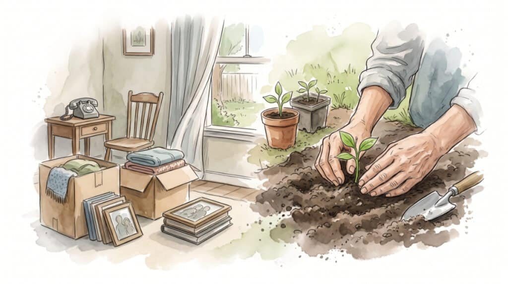 Split watercolor illustration showing packed moving boxes indoors on the left and hands planting a seedling in soil on the right.