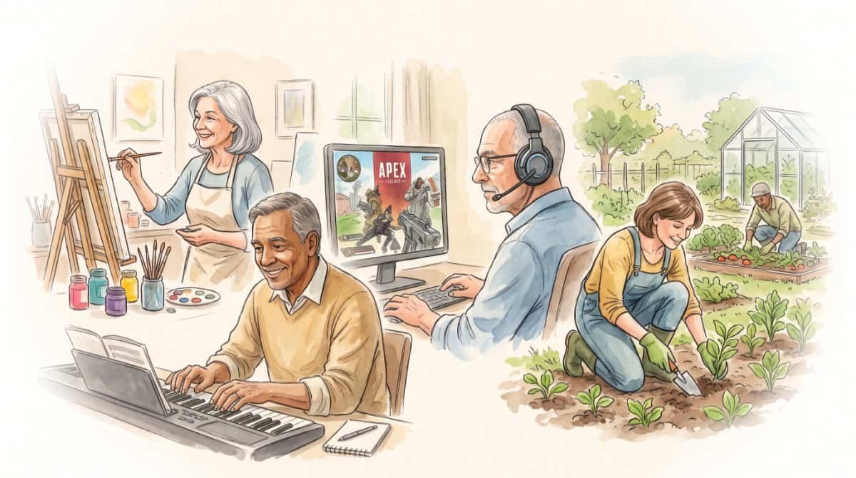 Watercolor illustration of older adults engaged in various hobbies, including playing an electronic keyboard, painting on a canvas, playing a computer video game, and gardening.