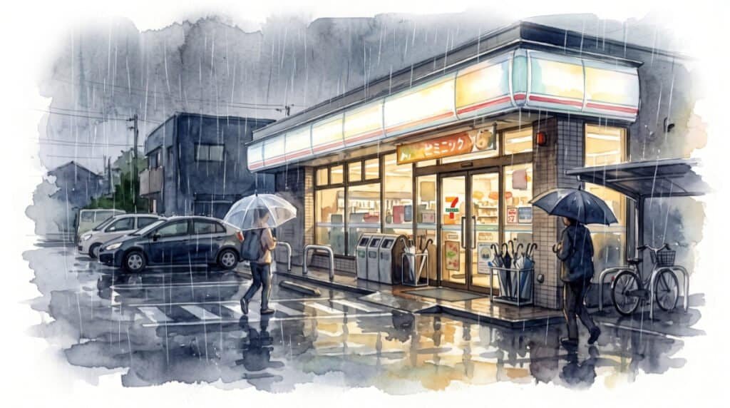 Watercolor of a Japanese 7-Eleven store on a dark, wet rainy day. Google AI generated.