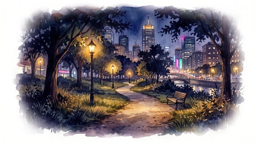 Watercolor of a streetlit urban jogging route alongside river and road at night, with tall office landscape in the background.